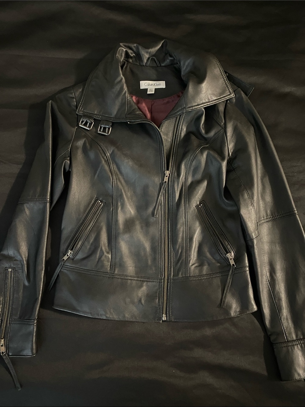 Calvin Klein Black Leather Moto Jacket with Buckle Collar (medium)